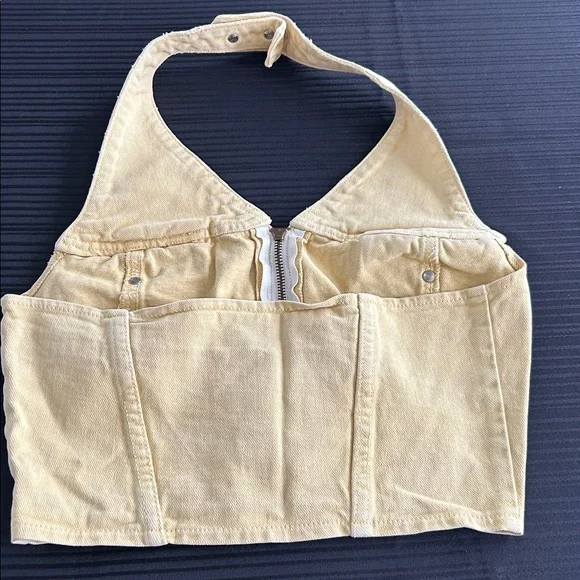 Vintage Guess Pale Yellow Denim Crop Halter Top with Logo Button - Picture 2 of 6
